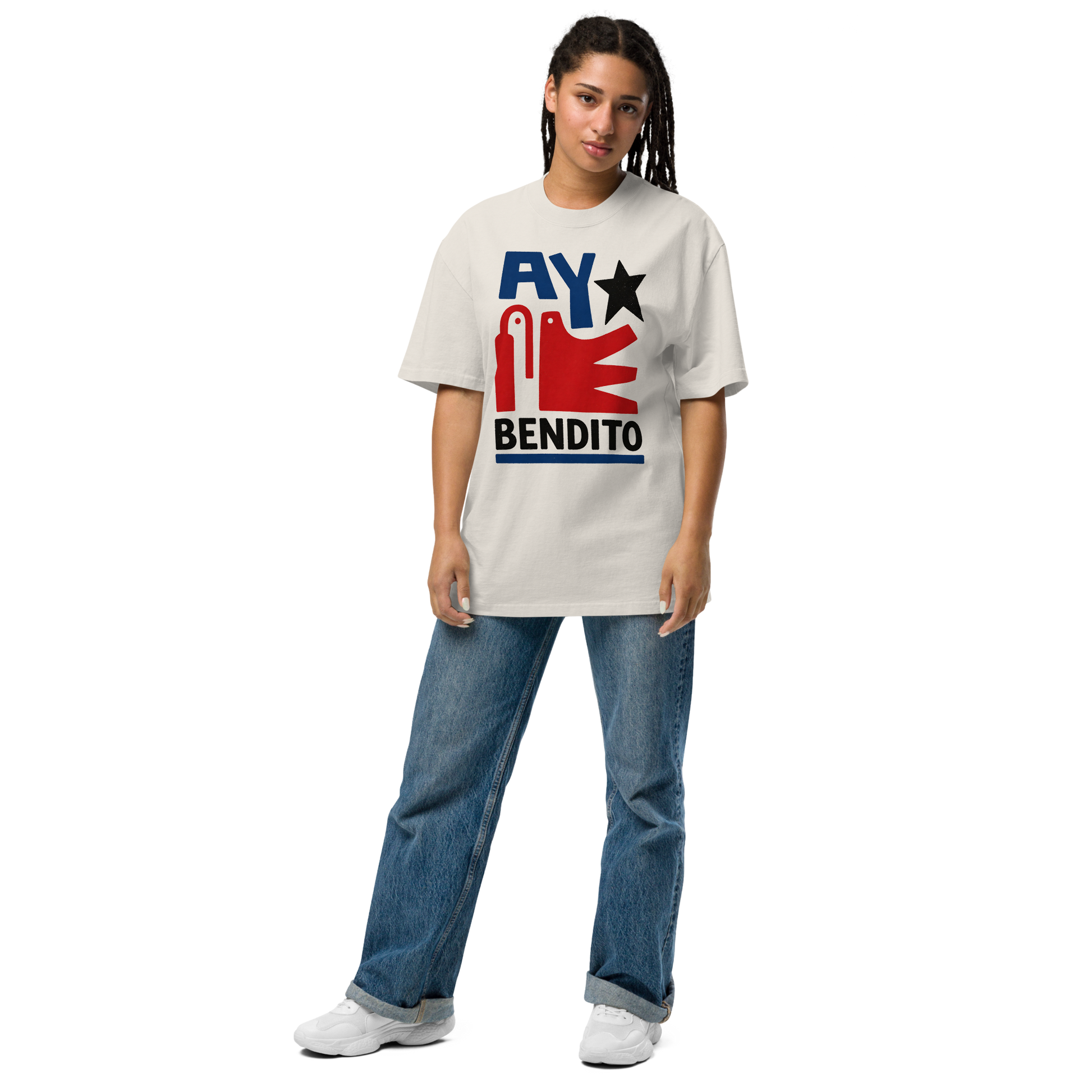  Camiseta oversized faded BONE/CREMA con texto "AY BENDITO" — streetwear cultural boricua PaisaRican
