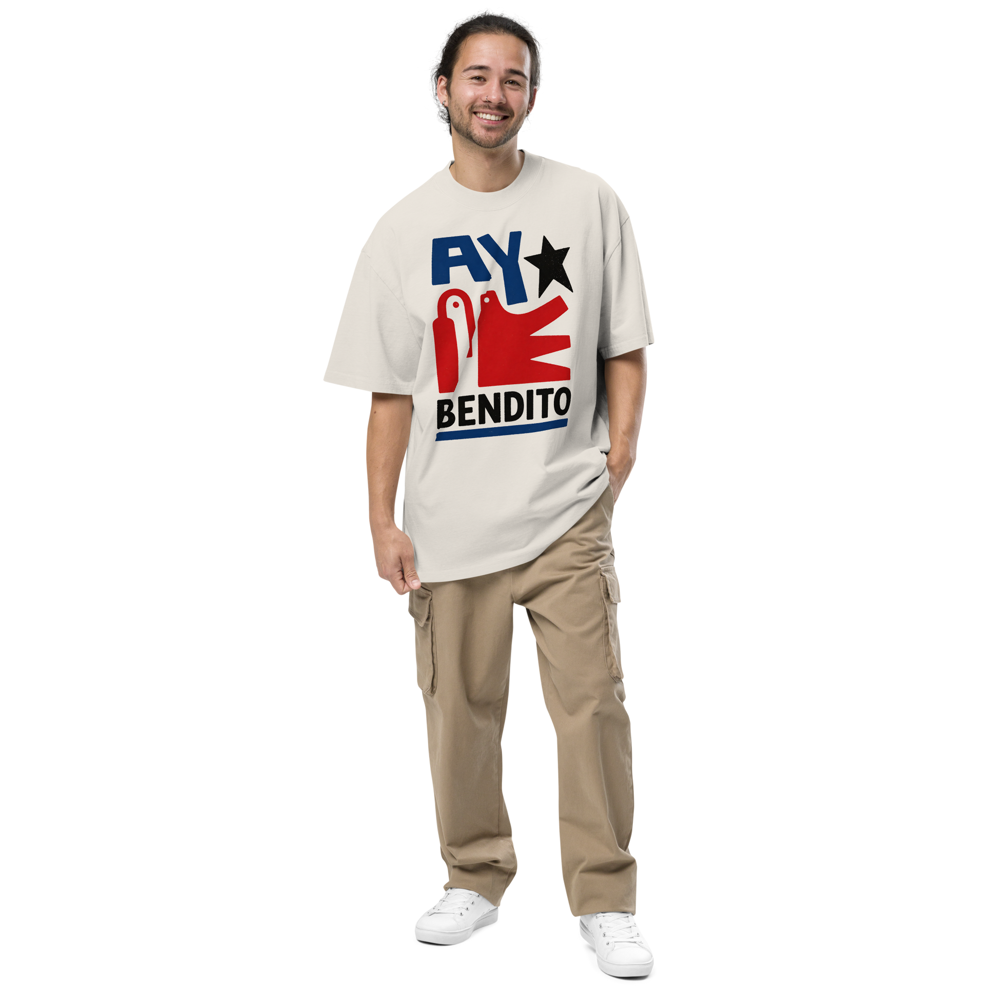  Camiseta oversized faded BONE/CREMA con texto "AY BENDITO" — streetwear cultural boricua PaisaRican
