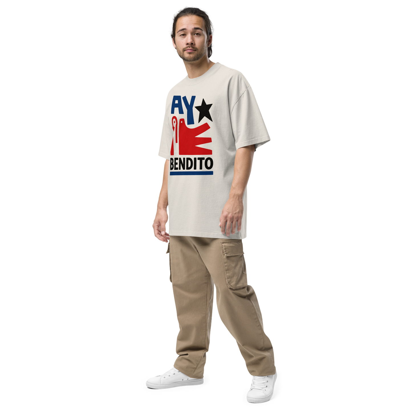  Camiseta oversized faded BONE/CREMA con texto "AY BENDITO" — streetwear cultural boricua PaisaRican

