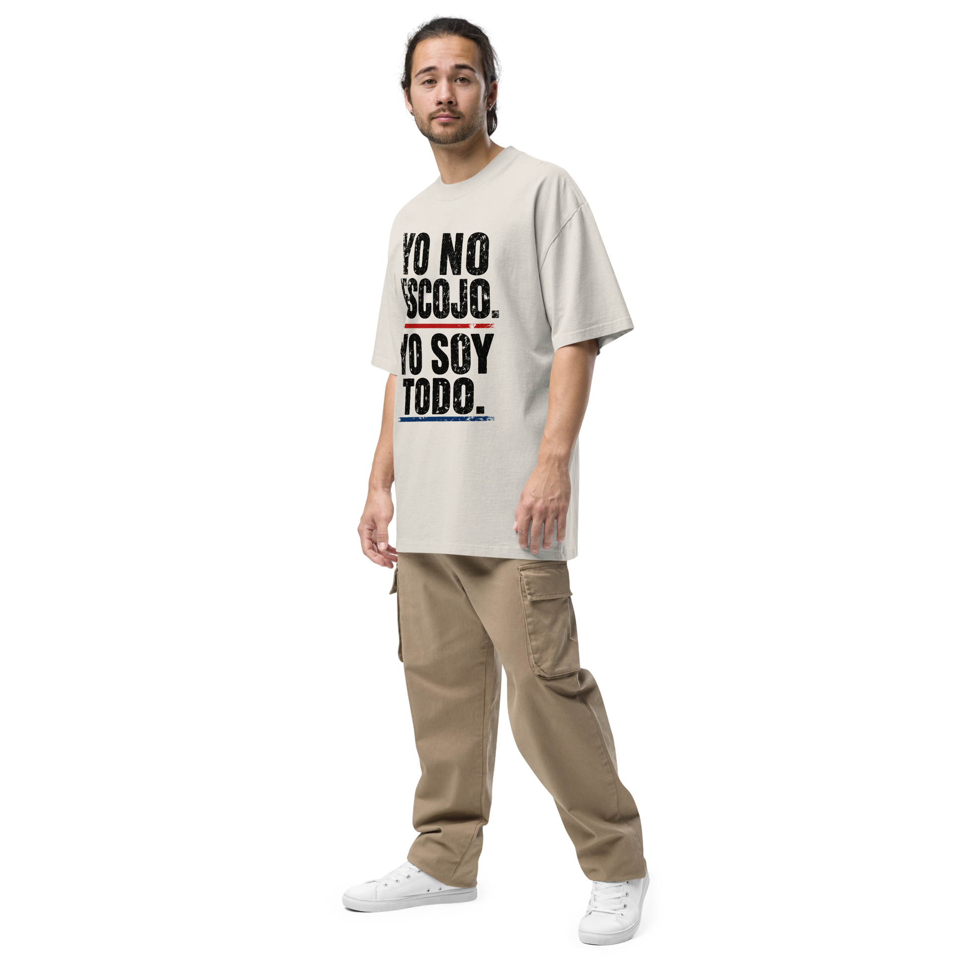 Camiseta oversized faded negra YO SOY TODO — manifiesto identidad PaisaRican, tee streetwear cultural paisa-boricua diáspora