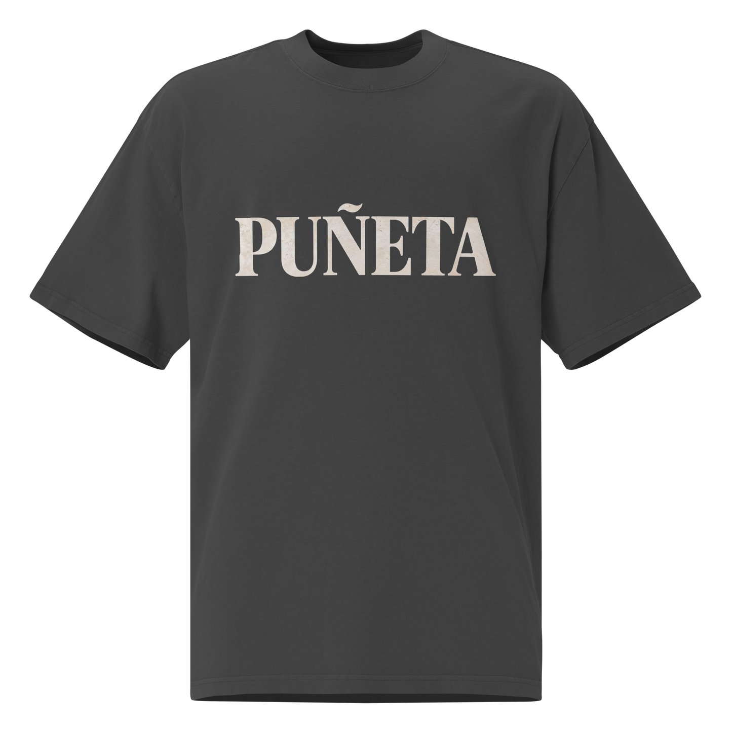 PUÑETA cream text on black faded oversized tee — Puerto Rican streetwear by PaisaRican