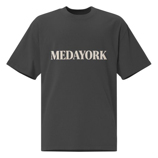 MEDAYORK cream text on black faded oversized tee — Medellín New York diaspora streetwear