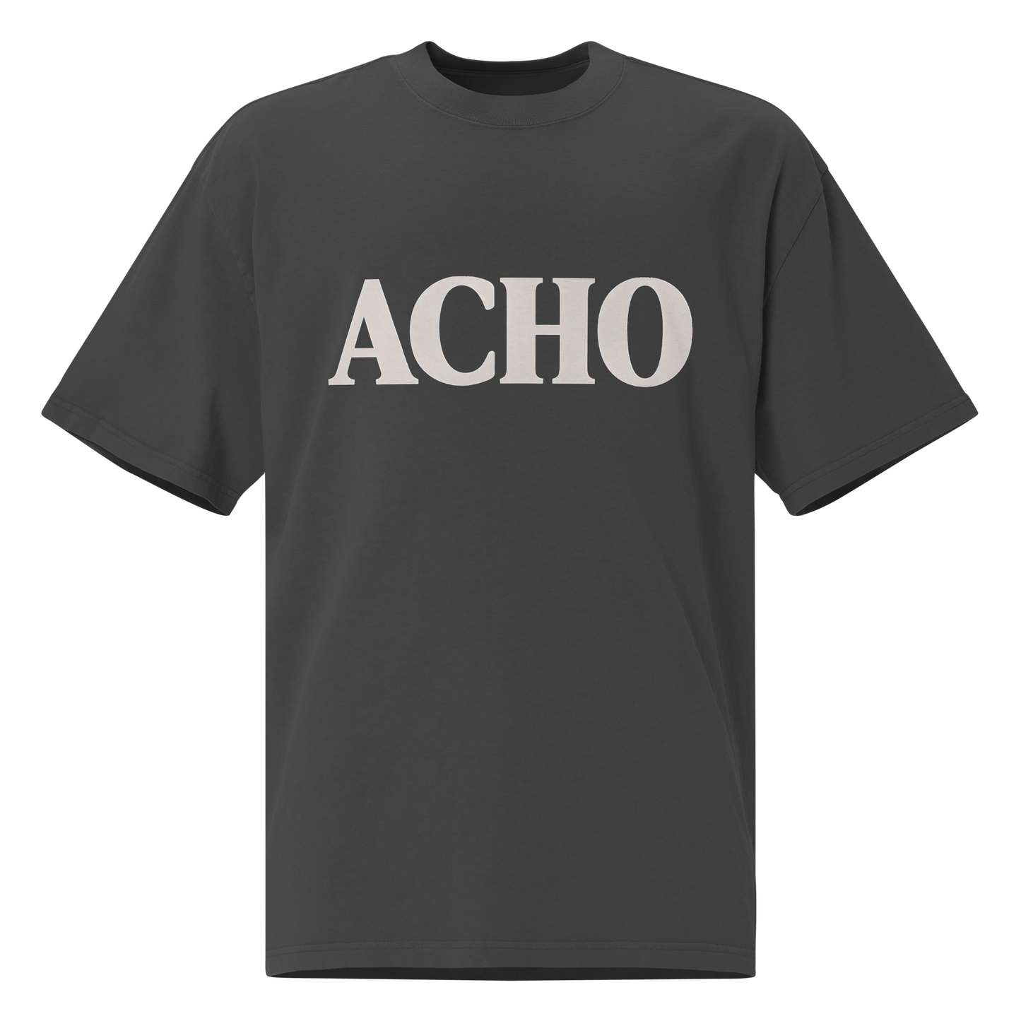 ACHO cream text on black faded oversized tee — Puerto Rican greeting slang streetwear