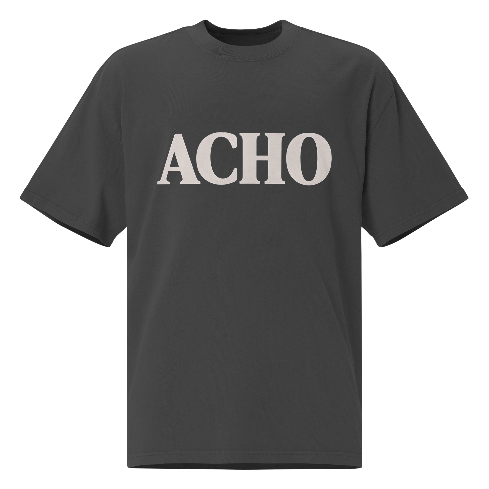 ACHO cream text on black faded oversized tee — Puerto Rican greeting slang streetwear