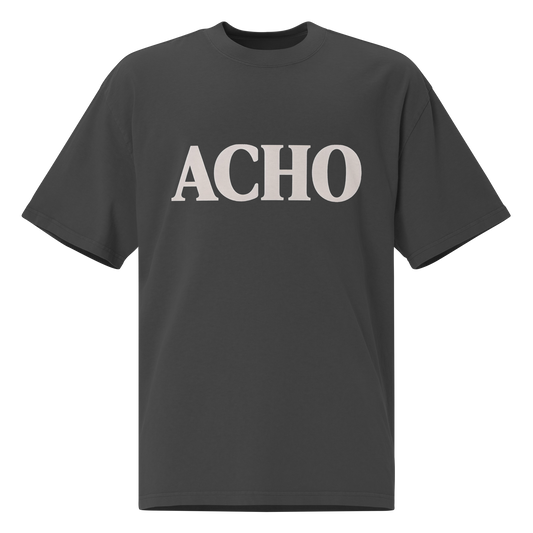 ACHO cream text on black faded oversized tee — Puerto Rican greeting slang streetwear