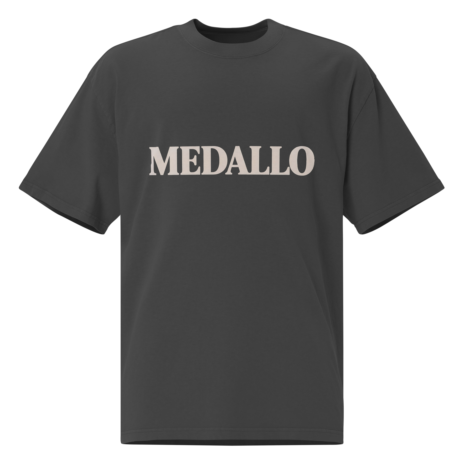 MEDALLO cream text on black faded oversized tee — Medellín Colombia streetwear