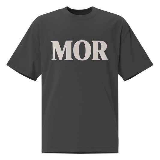 MOR cream text on black faded oversized tee — Colombian paisa love slang streetwear