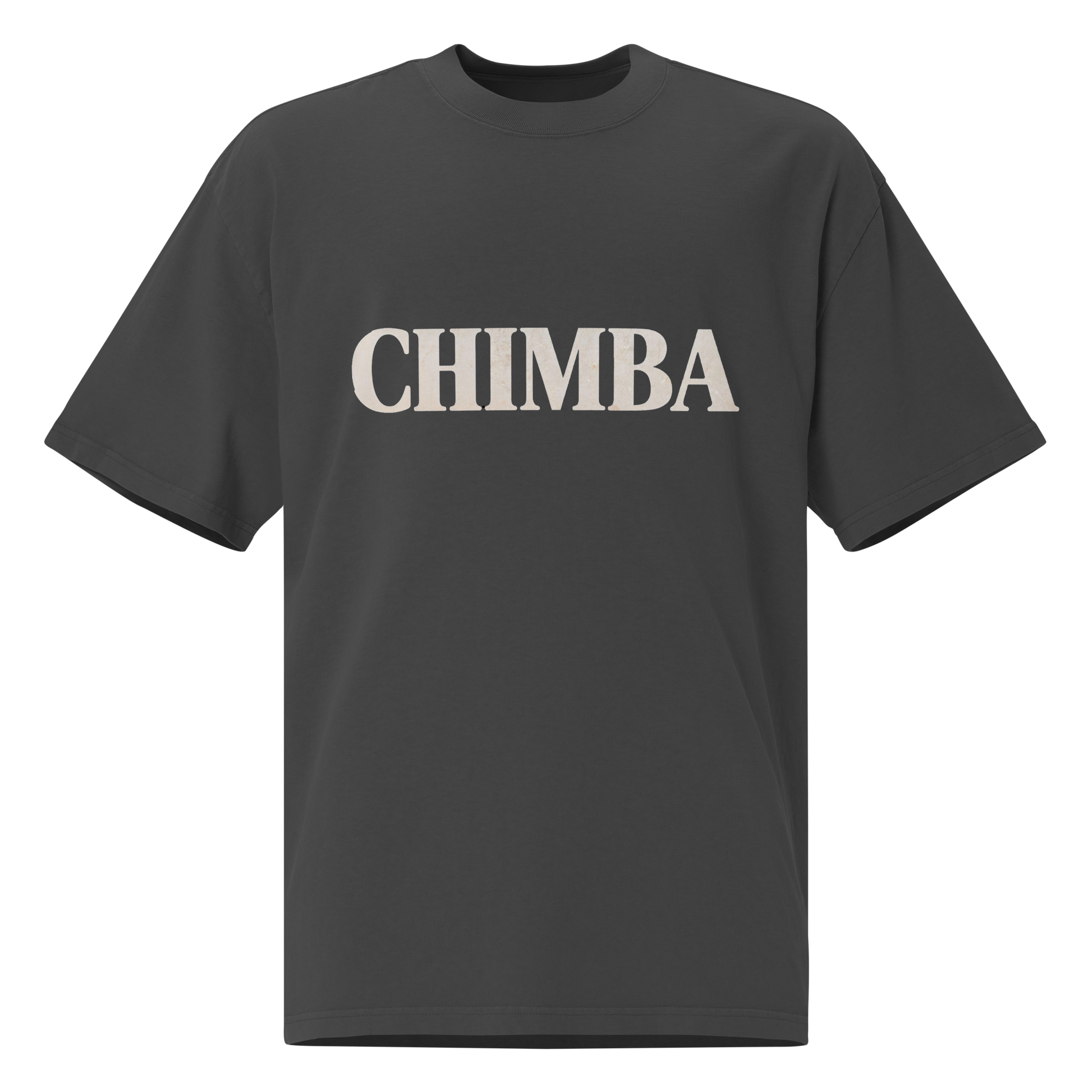 CHIMBA cream text on black faded oversized tee — Colombian slang streetwear