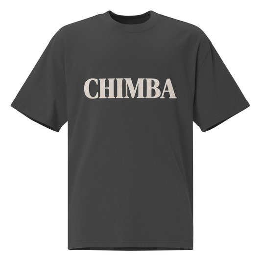 CHIMBA cream text on black faded oversized tee — Colombian slang streetwear