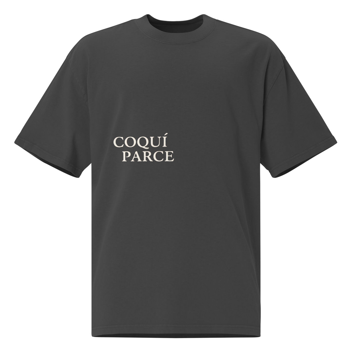 Camiseta oversized faded negra con texto "COQUÍ PARCE" — streetwear fusión boricua-paisa PaisaRican