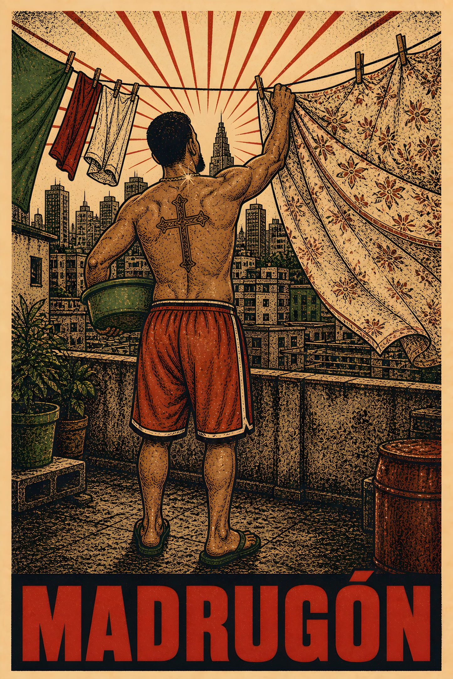 wall art madrugon tendiendo ropa — diseño exclusivo PaisaRican cartel revolucionario latino HD