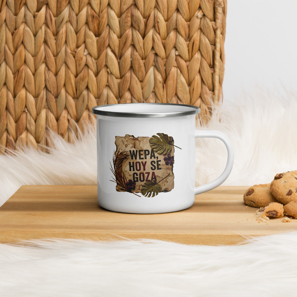 Taza WEPA HOY SE GOZA con galletas y canasta de mimbre — lifestyle cozy PaisaRican mug boricua Puerto Rico