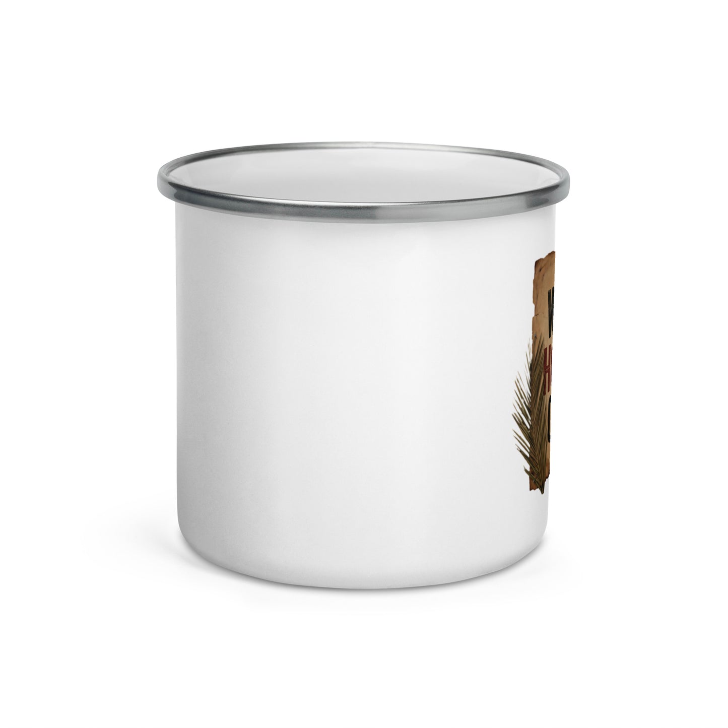 Taza esmaltada blanca 12oz WEPA HOY SE GOZA Pergamino — vista frontal con marco quemado, mug boricua PaisaRican