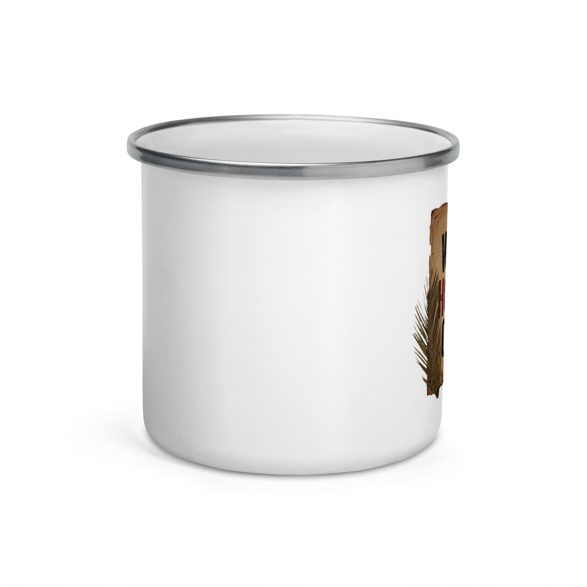 Taza esmaltada blanca 12oz WEPA HOY SE GOZA Pergamino — vista frontal con marco quemado, mug boricua PaisaRican